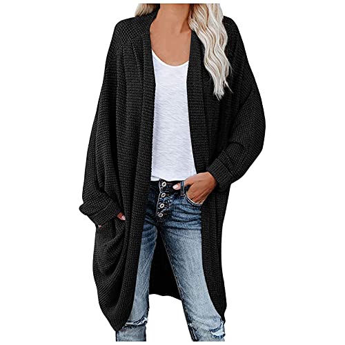 Vestes pour femme - Manteau en tricot long - Cardigan léger - Cardigan long - Cardigan long pour femme - Sans fermeture - Avec poche, Noir , XXL