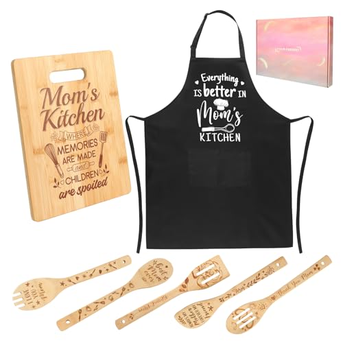 Xlsxexcl GIFTS FOR MOM Funny Mom Apron - Everything Is Better In Mom'S Kitchen, 6-Piece Wooden Utensil Set Cutting Board With Cooking Utensil, Best Mom Gift, Mother'S Day Gifts cover