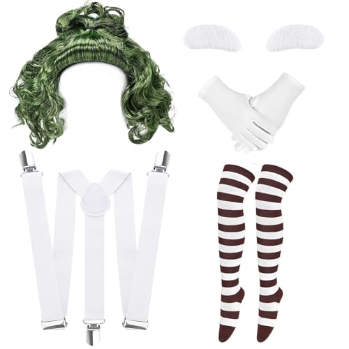 GANSHAYA 5 Pcs Halloween Chocolate Worker Costume for Women Cosplay Include Green Wig,Suspenders,Gloves Socks and Eyebrow