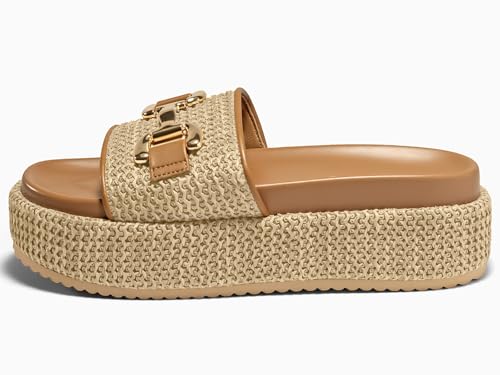 Image of Coutgo Womens Platform Sandals Raffia Espadrilles Metal Chain Slip on Open Toe Cute Beach Slide Sandals