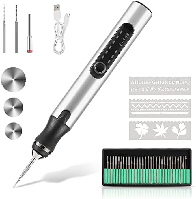 TOBTOS Electric Engraving Pen Set with 35 Drill Bits, USB Rechargeable Etching Engraving Tool with 16 Stencils, DIY Cordless Engraving Machine for Jewelry Metal Glass Wood Stone (Silver)