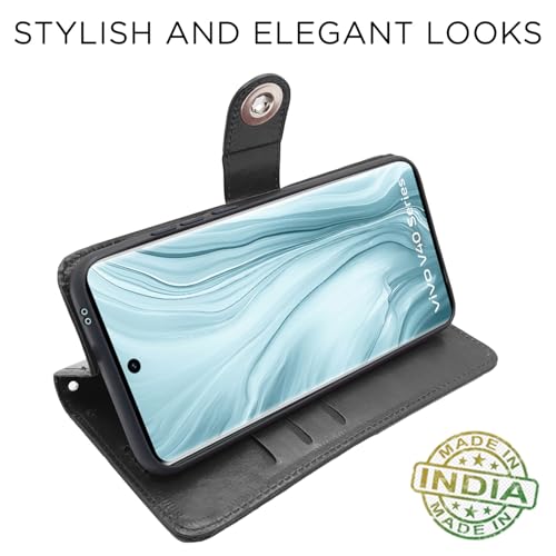 Image of Pikkme Flip Cover Leather Finish | Inside TPU with Card Pockets | Wallet Stand and Shock Proof | Complete Protection Button Flip Case for Vivo V40 5G / V40 Pro 5G / T3 Ultra 5G (Black)