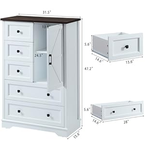 Soowery dresser for bedroom 5 drawer wood dresser white dresser farmhouse dressers with 5 wooden drawers and storage cabinet 48 inches tall chest of drawers for bedroom living room  urban country home decor