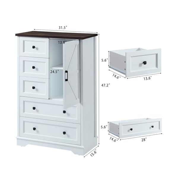 Soowery dresser for bedroom 5 drawer wood dresser white dresser farmhouse dressers with 5 wooden drawers and storage cabinet 48 inches tall chest of drawers for bedroom living room  urban country home decor