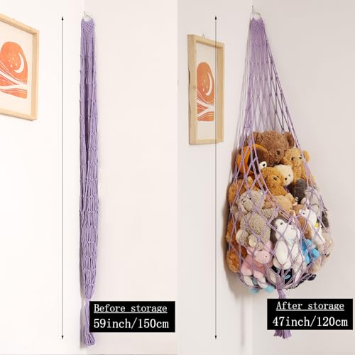 Image of Amdermi Upgrade Stuffed Animal Hammock Corner or Wall Hanging Net for Stuffy Animal Storage Macrame Toy Display Over Door Toy Holder Kid Bedroom Decor Playroom Organizer (Purple)