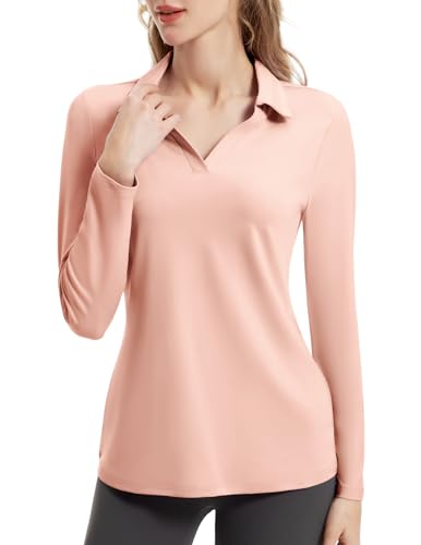 FKEEP Women's Tennis Golf Shirt Long Sleeved Top Sport Activewear V-Neck Workout Athletic (Pink, L)