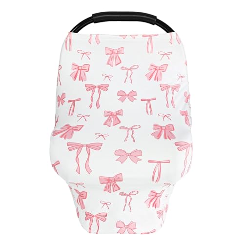 Image of TANOFAR Car Seat Cover for Baby, Multi-Use Cover Carseat Canopy, High Stretchy & Breathable Infant Carseat Cover, Shower Gifts for Unisex Boys and Girls (Pink Bow)