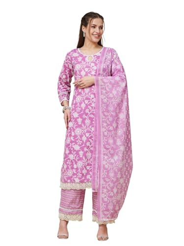 Image of MOKOSH Women's Cotton Botanical Print Embroidered Kurta Pant Dupatta Set (462-DM)