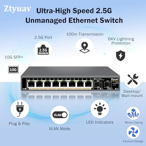 Image of 10 Port Unmanaged 2.5G Ethernet Switch with 8 x 2.5G RJ-45 Ports, 2 x 10G SFP+ Ports, Ports Speed Auto-Negotiation-100 /1000 /2500Mbps, One-Key VLAN, Fanless Metal Design, Plug & Play