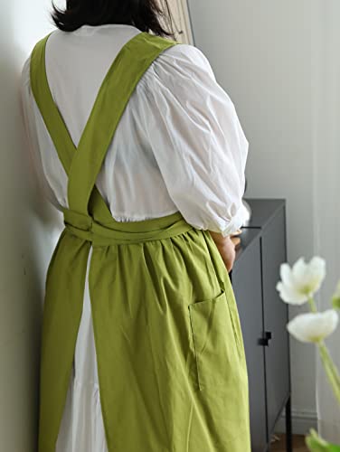 Cotton Kitchen Cooking Aprons Dress for Women with Pockets Cute for Baking Painting Gardening Cleaning (GREEN-B)