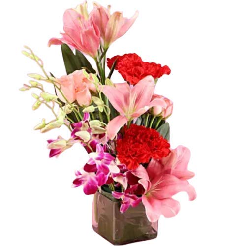 Floralbay Valentine's Day Special Fresh Flowers Glass Vase Arrangement of 7 Pink Roses, 7 Red Carnation, 4 Purple Orchids and 3 Pink Asiatic Lilies (Bunch of 21)