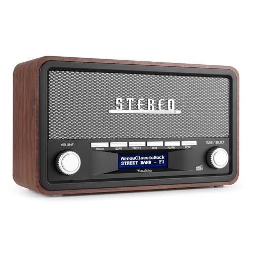 Audizio Foggia, Retro Radio, DAB Plus Radio, Bluetooth, Alimentazione a batteria, Radiosveglia, FM, 20 slot di memoria, AUX, Allarme Radio Cucina Vintage, Grigio