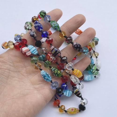 DOLON 60 Inch Waterproof Hand Knotted by Colorful Rainbow Murano Glass Crystal Beads Statement Strand Long Necklace Versatile Multi Layer3