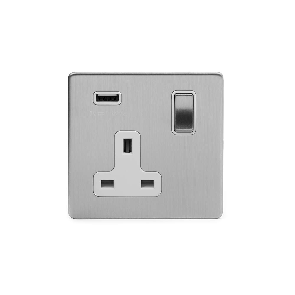 Brushed Chrome Socket with White Insert - Screwless Faceplate (White Insert, 1 Gang USB Plug Socket)