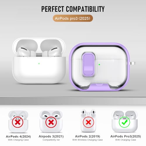 Image of Compatible Airpods Pro 3 Case (2025) with Phone Stand & Cleaner Kit,Print Soft Silicone Lock Clip Apple AirPods Pro 3rd Generation Case, Airpod Pro 3 Cover with Keychain for Women /Girls,Purple