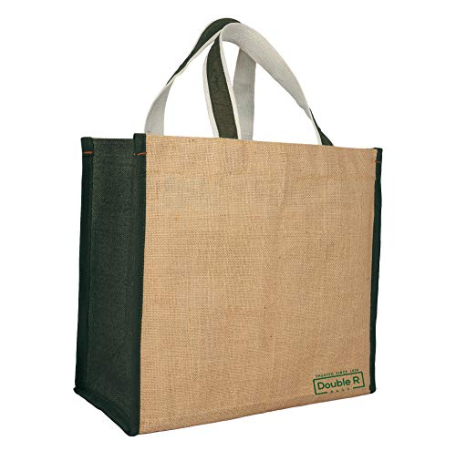 Image of DOUBLE R BAGS Big Heavy Duty Eco Reusable Jute Cloth Shopping Bag with 6 Pockets & Reinforced Handles | Grocery, Milk, Fruits & Vegetable Carry Organizer Tote | Dark Green, 45x17x35 cm, 1 Compartment