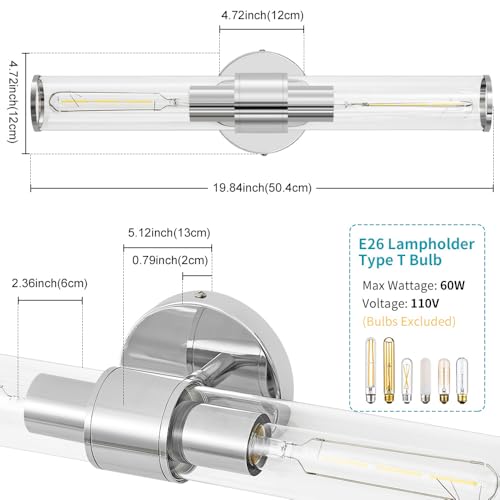 Image of Hardwired Chrome Bathroom Vanity Light Clear Glass Wall Sconce | Up & Down Bidirectional Lighting, Damp Rated For Bathrooms, Dimmable, Rustproof Metal, 3-Year Manufacturer Warranty