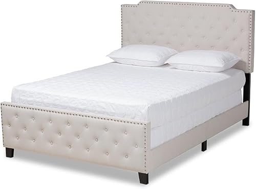 Baxton Studio Marion Moderna Cama tapizada de tela beige de transición con botones capitoné tamaño matrimonial