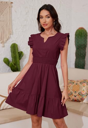 Image of Jayscreate Women's Ruffle Sleeve Layered Dress Pockets Elastic Waist 2025 V Neck Above Knee Summer Casual Cute Dress