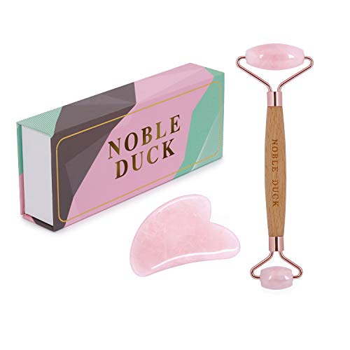 NOBLE DUCK Jade Roller and Gua Sha Set 100% Natural Rose Quartz Roller Anti Aging Facial Massager Tool for Lymphatic Drainage Face Neck and Eyes -Wrinkles Puffiness Dark Circles