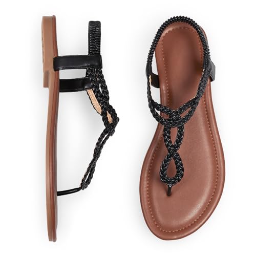 Image of iCKER Womens Braided T‑Strap Flat Sandals Elastic Stretch Ankle Strap | Boho cute casual lightweight and comfort matches dresses for beach vacation