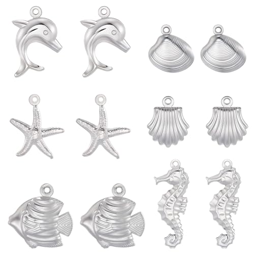 Beebeecraft 120 Pieza de 6 Estilos de Dijes de Temática Veraniega para Manualidades 304 dijes de Acero Inoxidable con Forma de Caracola Pez Estrella de Mar Delfín Caballito de Mar Y Océano con Lazo