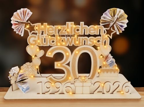 ARTREE 30 Geldgeschenke Geburtstag Frau Mann, 2026 Holz Schild Gästebuch mit LED Lichterkette, Personalisiertes Geschenke zum 30 Geburtstagszahlen, 30 Perlenhochzeit Deko, Herzlichen Glückwunsch