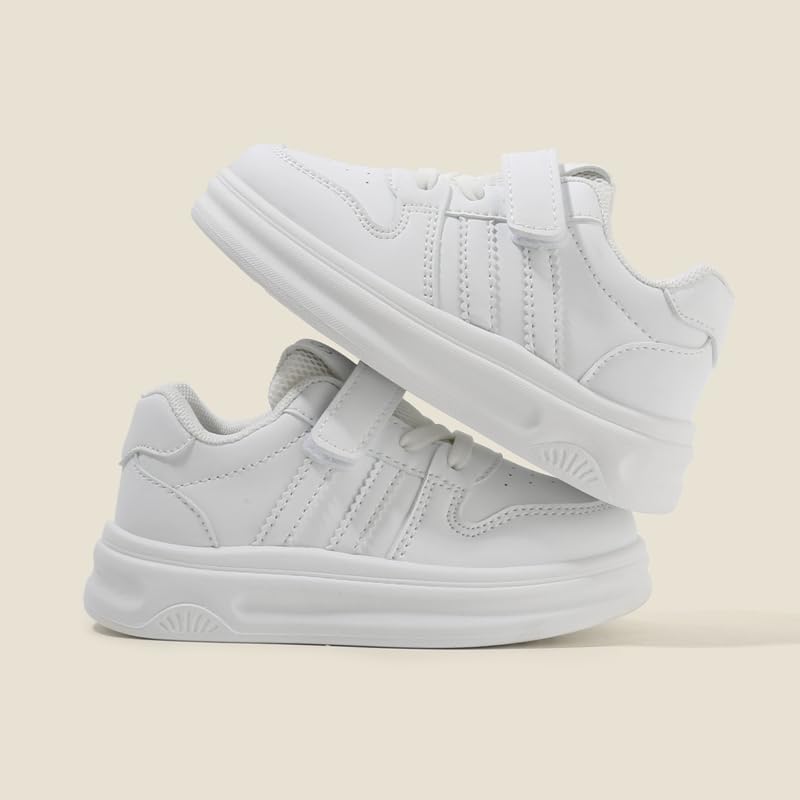 Kids White Sneakers with Hook and Loop Strap, Perforated Design, Non-Slip Sole2