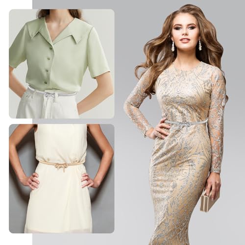 panthra 2 Pcs Metal Belts for Women, Skinny Stretchy Adjustable Waist Bow Belts for Women for Women's Dress Formal Jeans Shirt (Gold + Silver)4