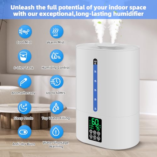 Image of 6L Humidifiers for Bedroom Large Room Home, Cool and Warm Humidifier for Baby and Plants Mist Top Fill Desk Humidifiers Essential Oil Diffuser, Quiet with Adjustable Mist,360Nozzle-White