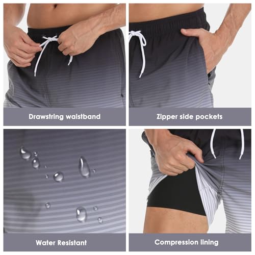 Image of Mens Swim Trunks Compression Liner No Mesh Swimming Trunks Men Swimwear Quick Dry Above Knee Zipper Pocket Swim Shorts