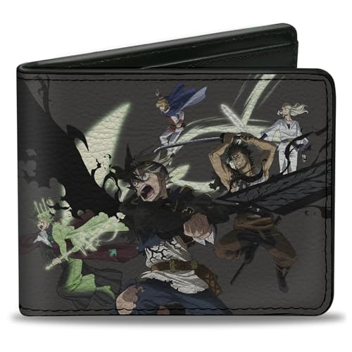 Crunchyroll Wallet, Bifold, Black Clover Five Character Group Action Pose and Logo Gray, Vegan Leather