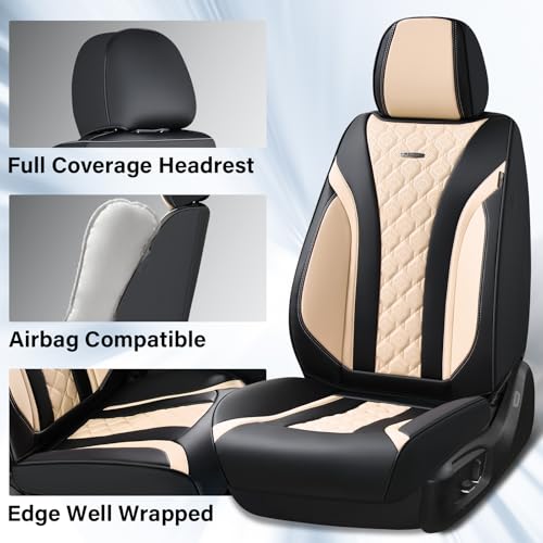 Image of Coverado Car Seat Covers, Seat Covers Full Set, Black Beige Car Seat Cover, Perforated Diamond Leather Seat Covers for Cars, Luxury Car Seat Cushion, Auto Seat Covers Universal Fit Most Cars