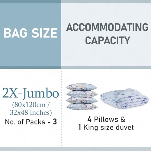 Image of ABOUT SPACE Polyamide Polyethylene Vacuum Compression Bags (3 Pack) with Hand Pump | 3-2X Jumbo Zip Seal Compression Storage Bags | Heavy-Duty Airtight Reusable Space Saver Luggage Organizer (Blue)