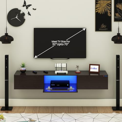 Image of Anikaa Lucen Wall Mount Modern Floating TV Unit for Living Room | 3 Closed Storage cabinets with hinged Door - Blue Color LED Light | Ideal for UP to 65 Inch TV (Wenge Finish - DIY Installation)