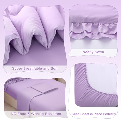 Image of Toddler Bedding Set for Girls, 4 Piece Double Ruffles Soft and Breathable Toddler Bed Sheets with Boho Toddler Comforter, Fitted Sheet, Flat Sheet and Pillowcase, Purple