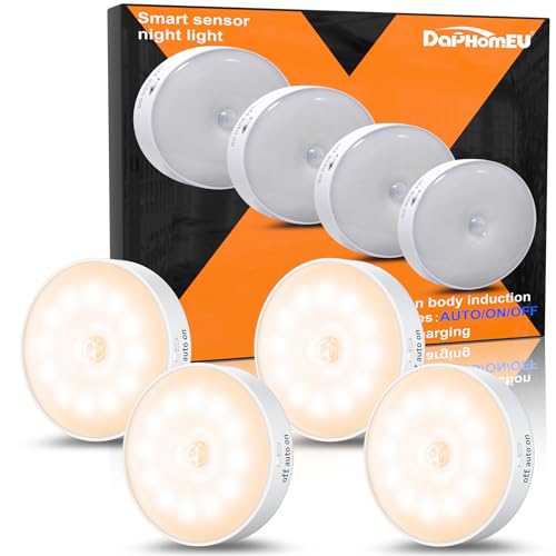 daphomeu Motion Sensor Lights Indoor,4 Pack Wireless USB Rechargeable Cupboard Lights,Stick on Wall Night Light,Battery Operated for Stair Wardrobe Corridors Closet Under Cabinet Kitchen.Warm Light
