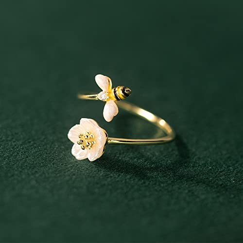 Cute Honey Bee CZ Daisy Flower Adjustable Statement Open Wrap Band Finger Rings Women Dainty Fashion 925 Sterling Silver 14K Gold Plated Animal Engagement Shell Pearl Tail Ring Delicate Jewelry Gifts Her Daughter Bff Birthday2