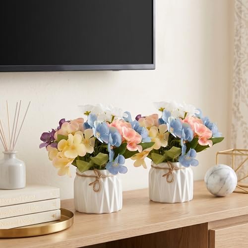 Image of Dekorly Artificial Lavender Plant in White Pot, 18cm - Realistic Faux Flower Arrangement for Home & Office Decor (Set of 1) (2, Hydrangea Floral)