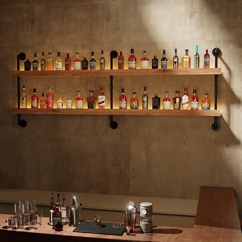 Image of Wall Mounted Wine Rack with LED Light, LED Industrial Pipe Wine Shelf, 2-Tier Hanging Bottle Rack, Bar Storage Shelf for Bottles (Weathered Brown, 60 inch)