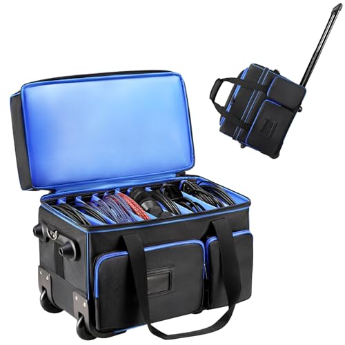 DJ Cable Organizer Bag with Wheels Soft Gig Bag for DJ Equipment with 9 Detachable Dividers Medium Padded Soft Storage Case with Multiple Pockets for Microphone Cord Headset & Music Accessories