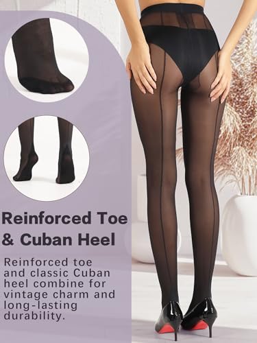 DancMolly BackSeam Tights for Women Black T-Crotch Cuban Heel Stockings, 2 Pairs4
