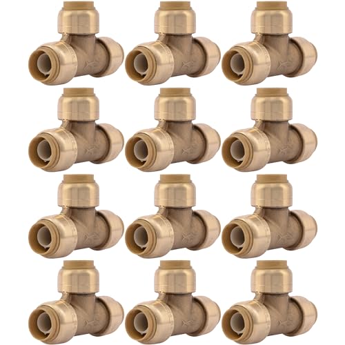 Image of SharkBite 1 /2 Inch Tee, Pack of 12, Push to Connect Brass Plumbing Fitting, PEX Pipe, Copper, CPVC, PE-RT, HDPE, U362LF