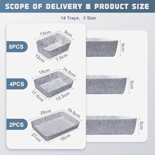 Cinnani 14 Stück Schubladen Organizer Filz, Stapelbare filz Schubladen Ordnungssystem, Schubladen Aufbewahrungsbox für Make-Up Kosmetik Schminktisch Büro Schreibtisch Küche Bad - Hellgrau