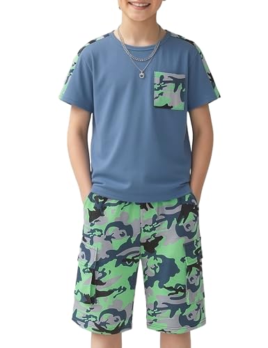Image of mksodopy Boys Summer Outfit Set 2 Piece T Shirt and Camo Shorts Casual Clothes for Little Big Boys 5-16