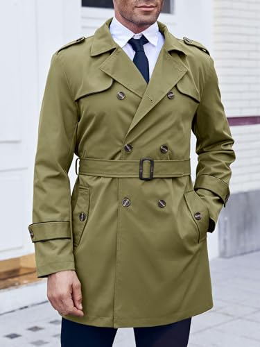 Image of Makkrom Men's Trench Coat Slim fit Double Breasted Notched Lapel Belted Windbreaker Long Jacket Casual Windproof Overcoat