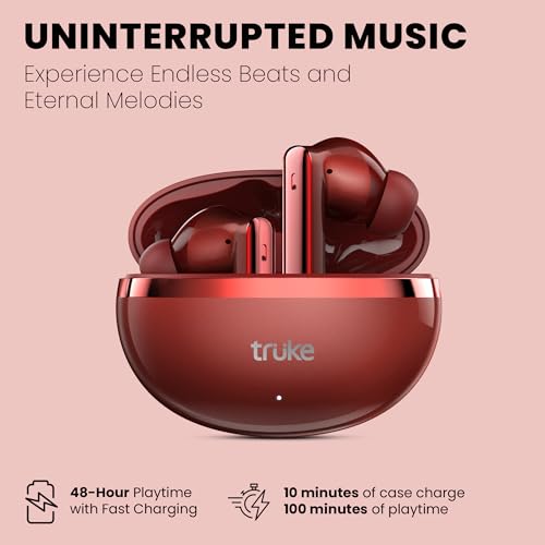 Image of truke Q1 Lite True Wireless in Ear Earbuds, 48H Playtime Ear Buds, Crystal-Clear Calls, Fast Charging, Elegant Royal Design, Bluetooth 5.4, Noise Cancellation, Gaming Mode (Rose Red)