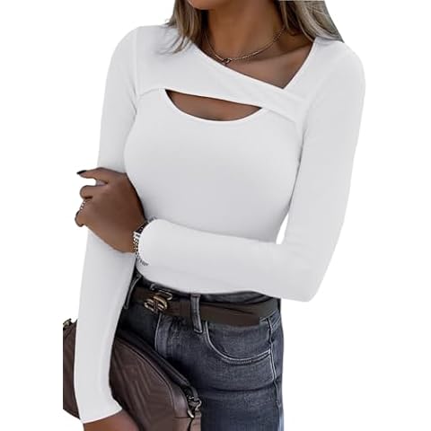 Aottori Long Sleeve Tops Womens Crew Neck Ribbed T Shirts Ladies Basic Fitted Blouse Shirt Elegant Fitted Stretch Casual Basic Autumn Winter Base Layer Top UK White M Cover