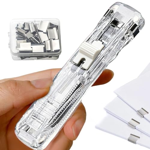 Carpeta de mano para grapadora: dispensador de grapas portátil, clip de papel reutilizable con prensa rápida, accesorios de oficina duraderos, herramienta de escritorio compacta, soporte para