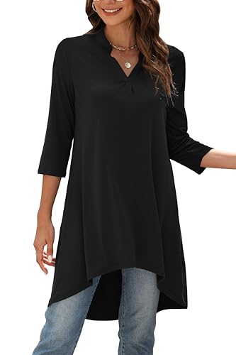 Naggoo Women's 3/4 Sleeve Notch V Neck High Low Loose Fit Long Tunic Tops Shirts Blouses M-3XL